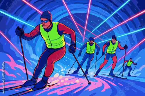 Cross-country skiers racing through neon tunnel in winter scene