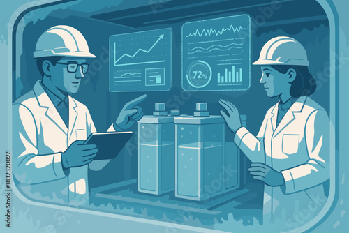 Engineers analyzing battery cells with digital interface