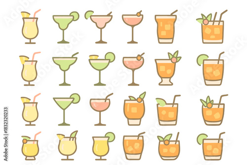 Tropical cocktail icon set with fruit garnish and colorful drinks