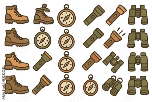 Camping and hiking icon set with boots, compass, and gear