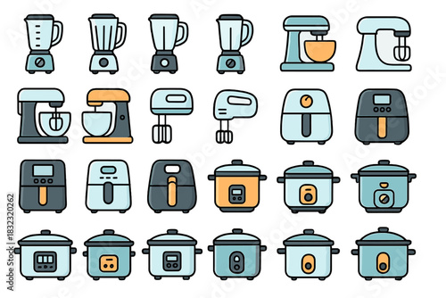 Kitchen appliance icon set with blenders, mixers, and cookers
