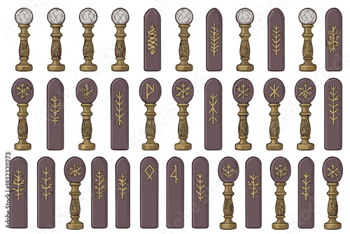 Nordic rune and staff icons in engraved wood and crystal style