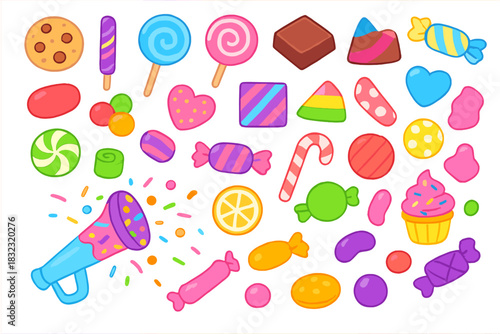 Bright cartoon candy and dessert icons on rainbow gradient