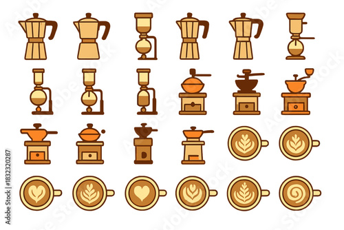 Coffee makers, grinders, and latte art icon set in warm tones
