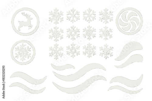 White winter icon set with snowflakes, wind, and reindeer