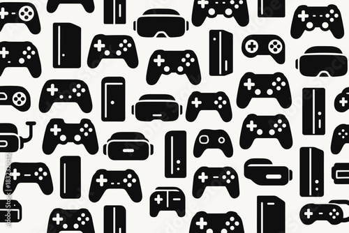 Seamless pattern of gaming controllers, consoles, and VR headsets