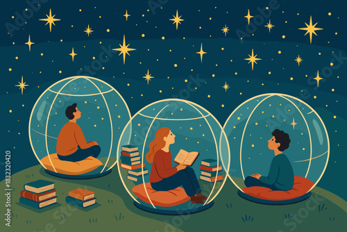 People reading and stargazing in transparent domes under night sky