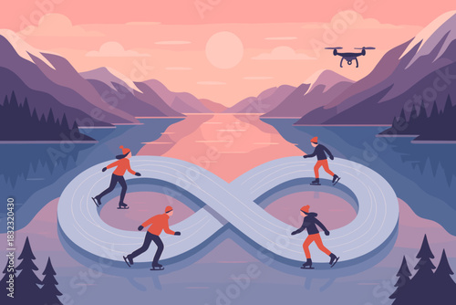 People ice skating on infinity-shaped rink in mountain landscape