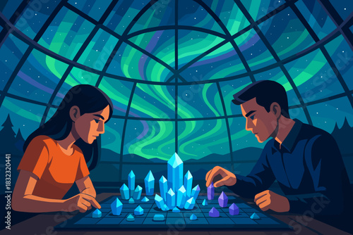 People playing strategy board game under northern lights