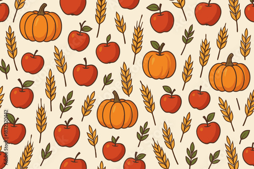 Seamless fall pattern with pumpkins, apples, and wheat