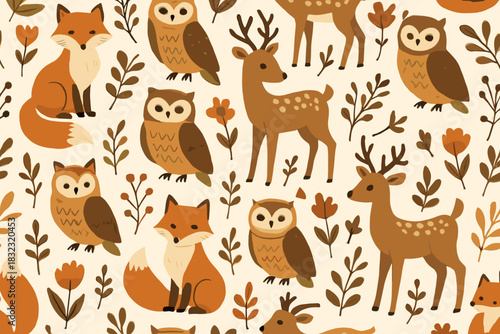Cute seamless pattern with forest animals and autumn leaves
