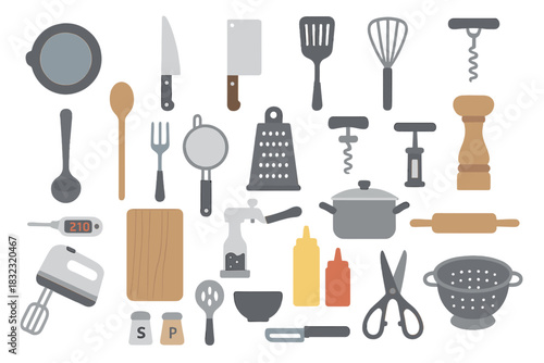 Set of kitchen utensils and tools on dark gradient background
