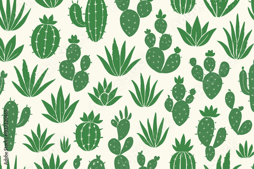 Seamless pattern with hand-drawn cacti and succulents