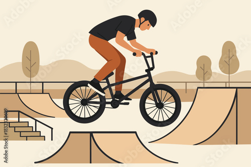 BMX rider performing trick at skatepark in flat illustration