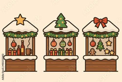 Cute Christmas market stalls with holiday decorations and gifts