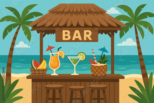 Tropical beach bar with cocktails and palm trees illustration