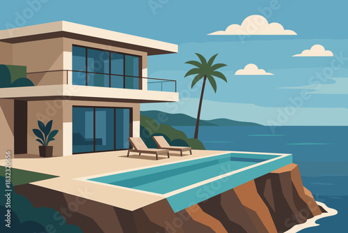 Modern cliffside villa with pool overlooking ocean in flat style