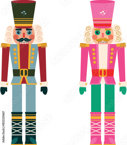 Set of two Nutcrackers Pink and vintage blue Festive Solder Nutcracker Toy, Christmas Toy Character for Celebrate, Greeting Toy Figurine illustration, soldier traditional. Vector flat style, isolated