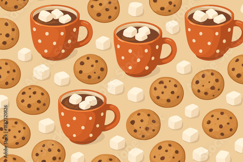 Hot Chocolate with Marshmallows and Cookies Seamless Pattern