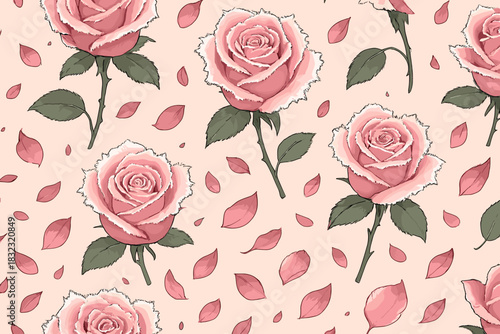 Vintage pink rose seamless pattern with falling petals