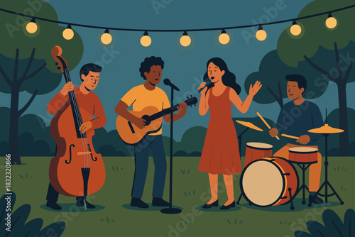 Outdoor jazz band performing under string lights