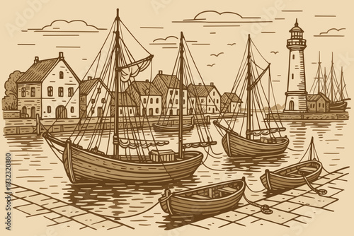 Vintage harbor scene with sailboats and lighthouse
