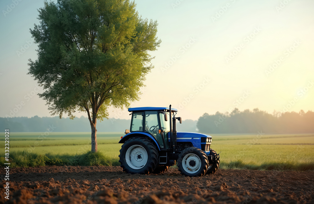 Fototapeta premium Modern blue tractor stands in agricultural field with green tree at sunrise. Machine in farmland at work. Agriculture tech and farming concept at nature.