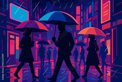 Neon city rain scene with silhouettes and colorful umbrellas