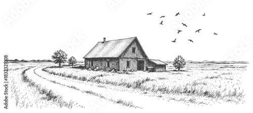 Monochrome engraving of rustic old wooden barn on country road with flying birds. Serene black and white rural vector illustration perfect for farm and countryside designs