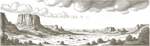 Monochrome engraving of desert landscape with towering buttes . Vintage vector illustration perfect for western, southwest, and adventure designs