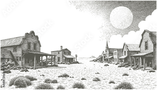 Monochrome engraving of ghost town street in the old wild west. Detailed black and white vintage vector illustration perfect for western, cowboy, and frontier themes