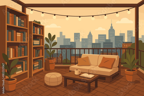 Cozy rooftop reading nook with city skyline at sunset