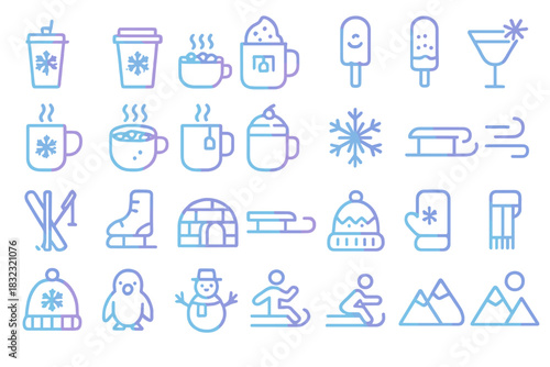 Neon winter icons featuring drinks, snow gear, and seasonal activities