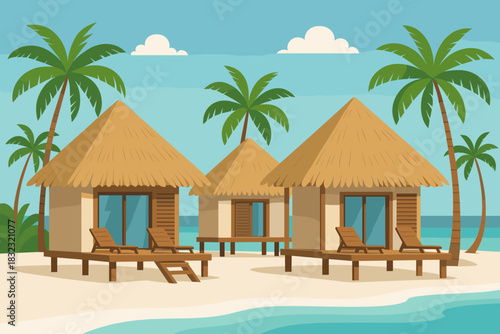 Tropical beach bungalows with palm trees and ocean view