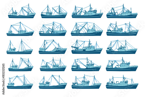 Collection of Fishing Trawlers in Blue Tones on Gradient Background