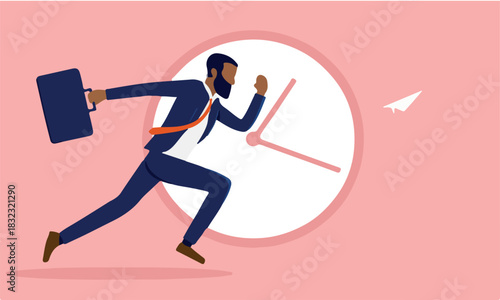 African American businessman running in front of clock - Business deadline and efficient concept. Vector illustration..