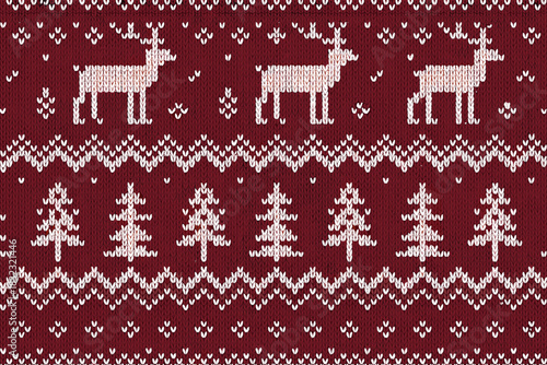 Seamless red knitted Christmas pattern with reindeer and trees