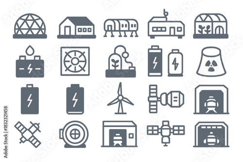 Futuristic space colony and energy icons in metallic style
