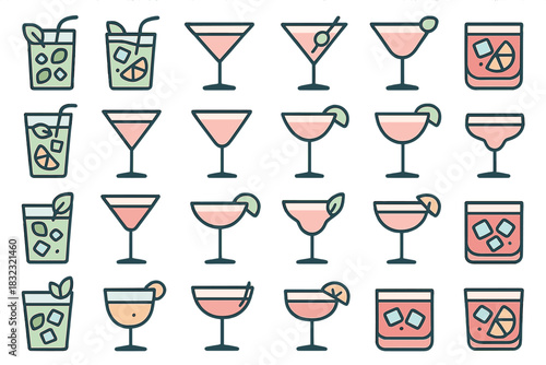 Set of cocktail and drink icons with citrus and garnish elements