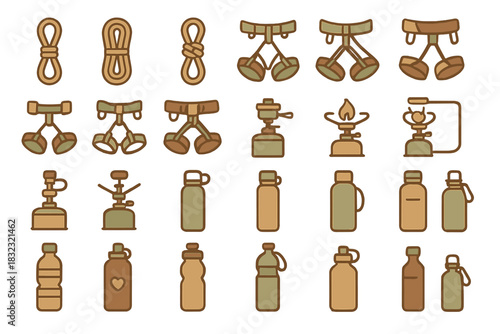 Camping gear icons set with ropes, stoves, and bottles