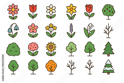 Set of colorful flower and tree icons with hand-drawn style