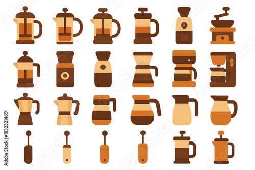 Stylized coffee maker and brewing equipment icon set in warm tones