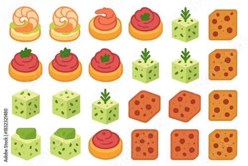 Appetizer and snack food icons with cheese, shrimp, spreads, and herbs on warm gradient background