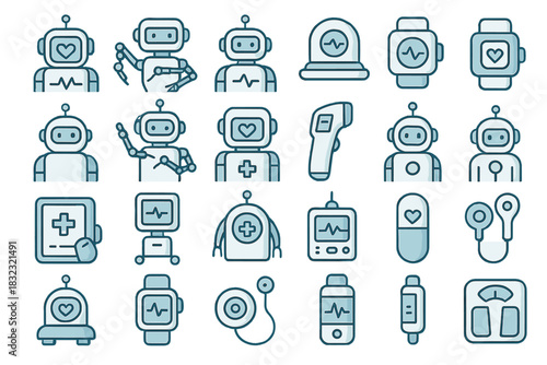 Medical robot and healthcare technology icon set in blue tones