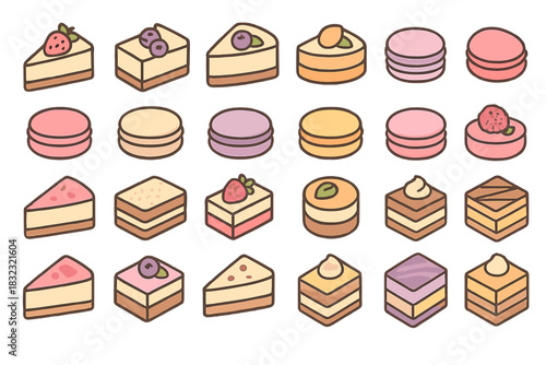 Dessert icon set: Cakes, macarons, pastries, and sweet treats in pastel colors