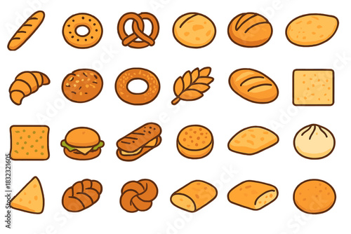 Assorted bakery and bread icon collection on warm background