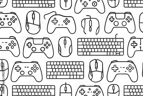 Seamless pattern of gaming controllers, keyboards and mice