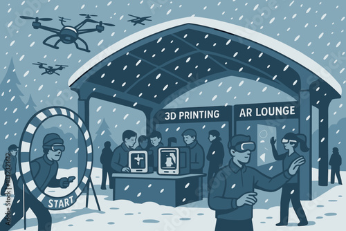 Futuristic winter tech fair with 3D printing, AR lounge, and drone zone