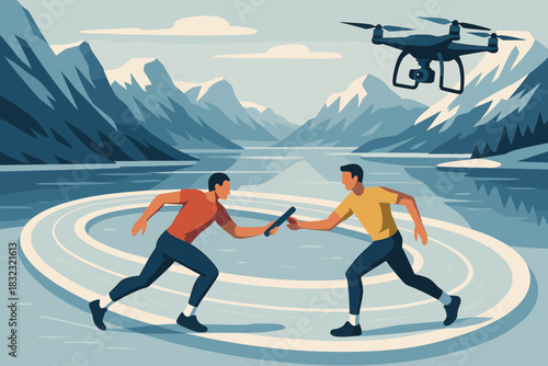 Relay runners in mountain landscape with drone overhead
