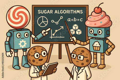 Robots and cookies teaching sugar algorithms on chalkboard
